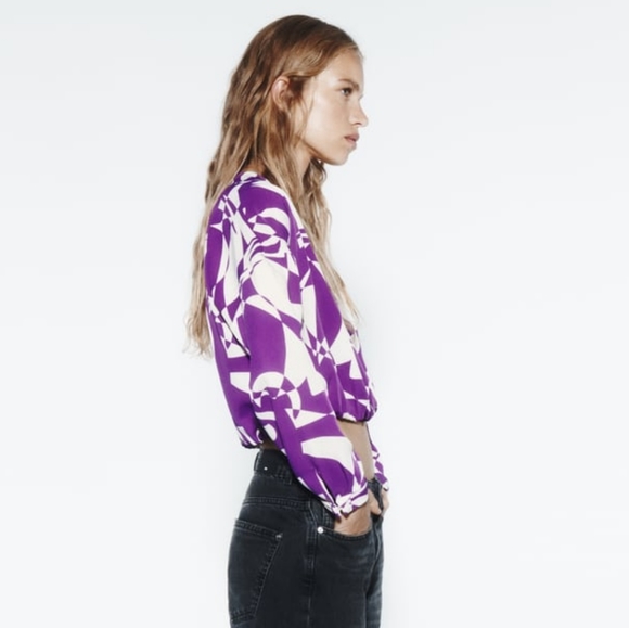 ZARA LONG SLEEVE PURPLE V-NECK CROPPER BLOUSE XS - Picture 3 of 10